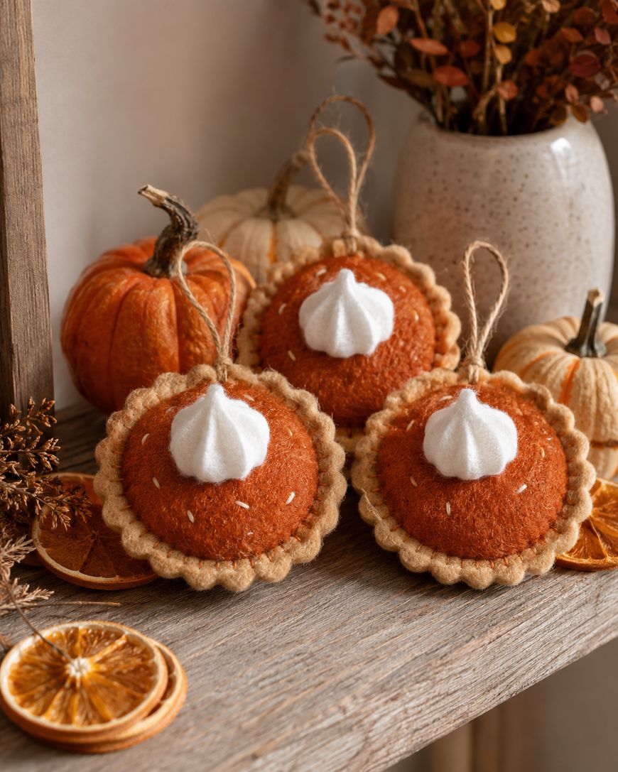 Three felt pumpkin pie ornaments with white dollops on top sit on a wooden shelf, surrounded by dried orange slices, pumpkins, and a vase of dried flowers.