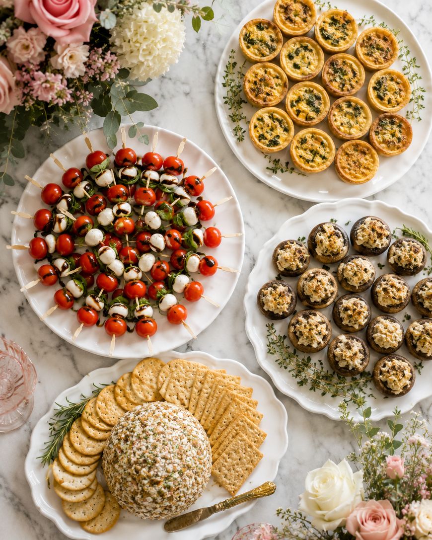 A marble table with plates of mini quiches, stuffed mushrooms, caprese skewers, and crackers with a cheese ball, surrounded by pink and white flowers.