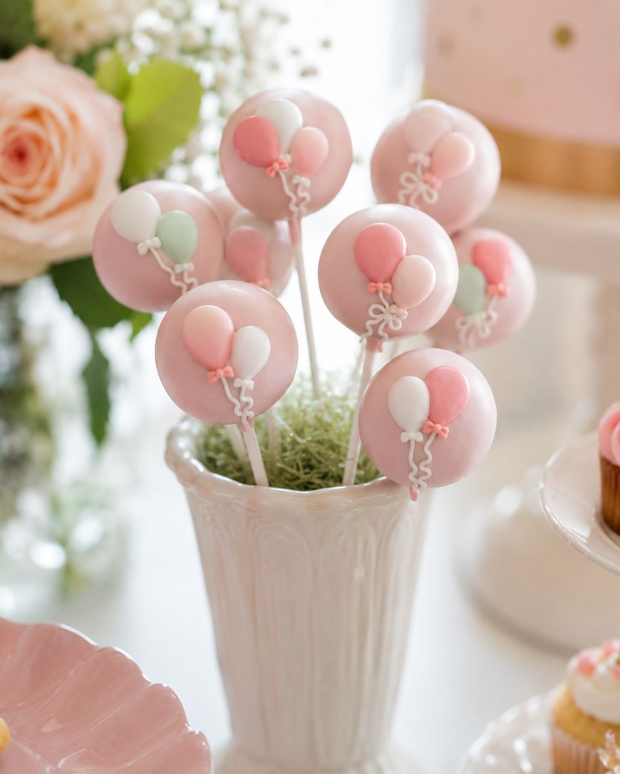 A white vase holds pink cake pops decorated with pastel balloon designs, surrounded by soft pink flowers and elegant party decor in the background.