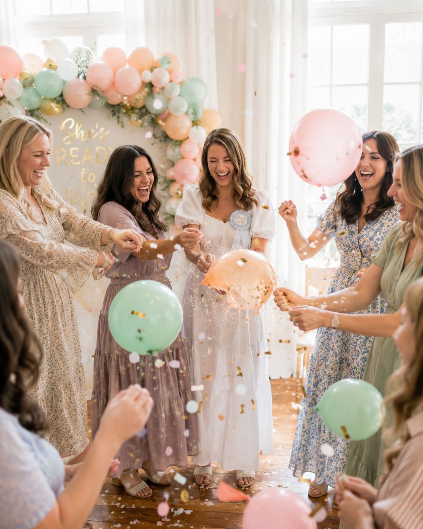 A group of women in pastel dresses celebrate indoors with balloons and confetti, smiling and laughing near a balloon arch and a sign that reads “She’s ready to pop.” Natural light fills the room.