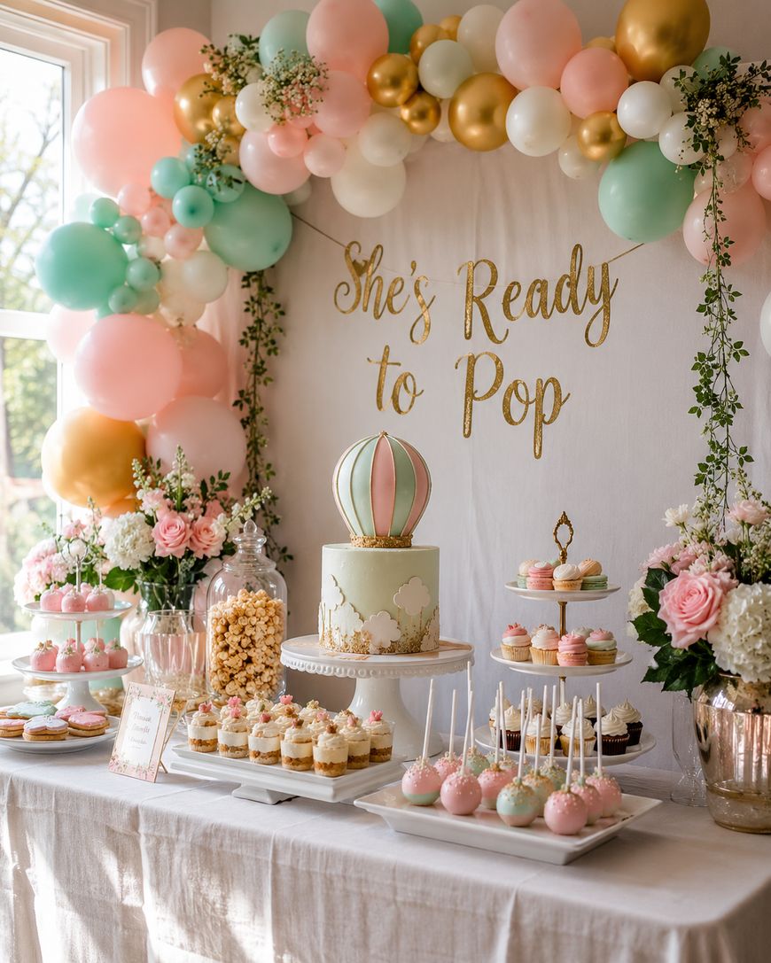 A baby shower dessert table decorated with pastel balloons and flowers, featuring a cake with a hot air balloon topper, cupcakes, cake pops, popcorn, and macarons. A gold sign reads Shes Ready to Pop in the background.