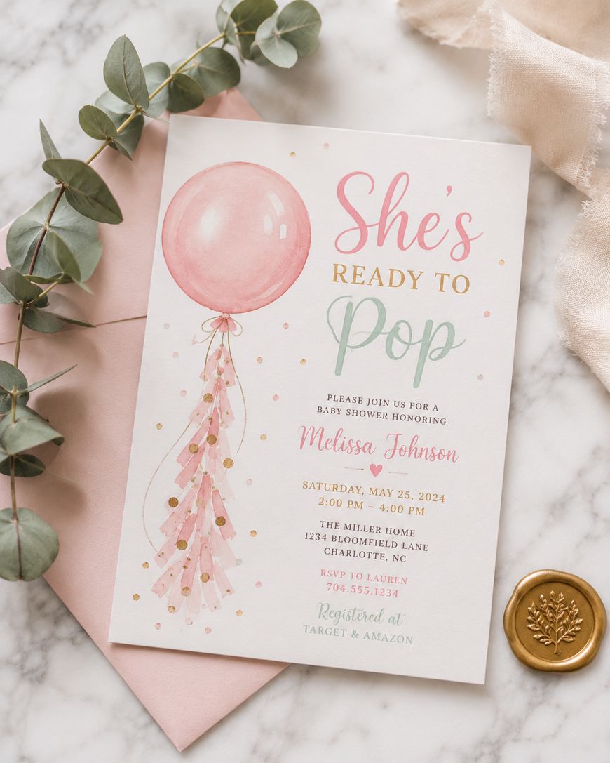 Baby shower invitation on marble with a pink balloon illustration, greenery, pink envelope, and gold wax seal. Text reads “She’s ready to pop” and provides event details for Melissa Johnson’s baby shower.