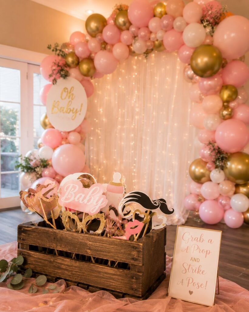 A baby shower setup featuring a pink and gold balloon arch with fairy lights, a sign reading Oh Baby!, a wooden box with baby-themed photo props, and a sign saying Grab a prop and strike a pose!.