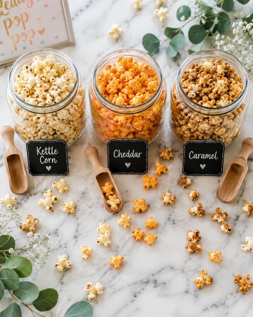 Three glass jars filled with different popcorn flavors—kettle corn, cheddar, and caramel—each labeled with chalkboard signs. Wooden scoops and popcorn pieces are scattered on a light surface with greenery accents.