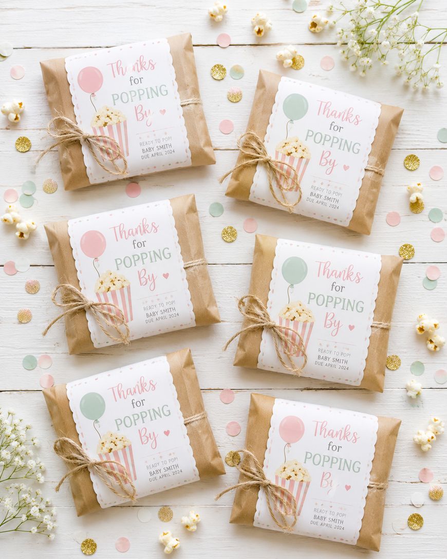Six brown paper packages tied with twine, each with a tag reading Thanks for popping by and an illustration of popcorn and balloons, arranged on a white surface with popcorn, confetti, and flowers.
