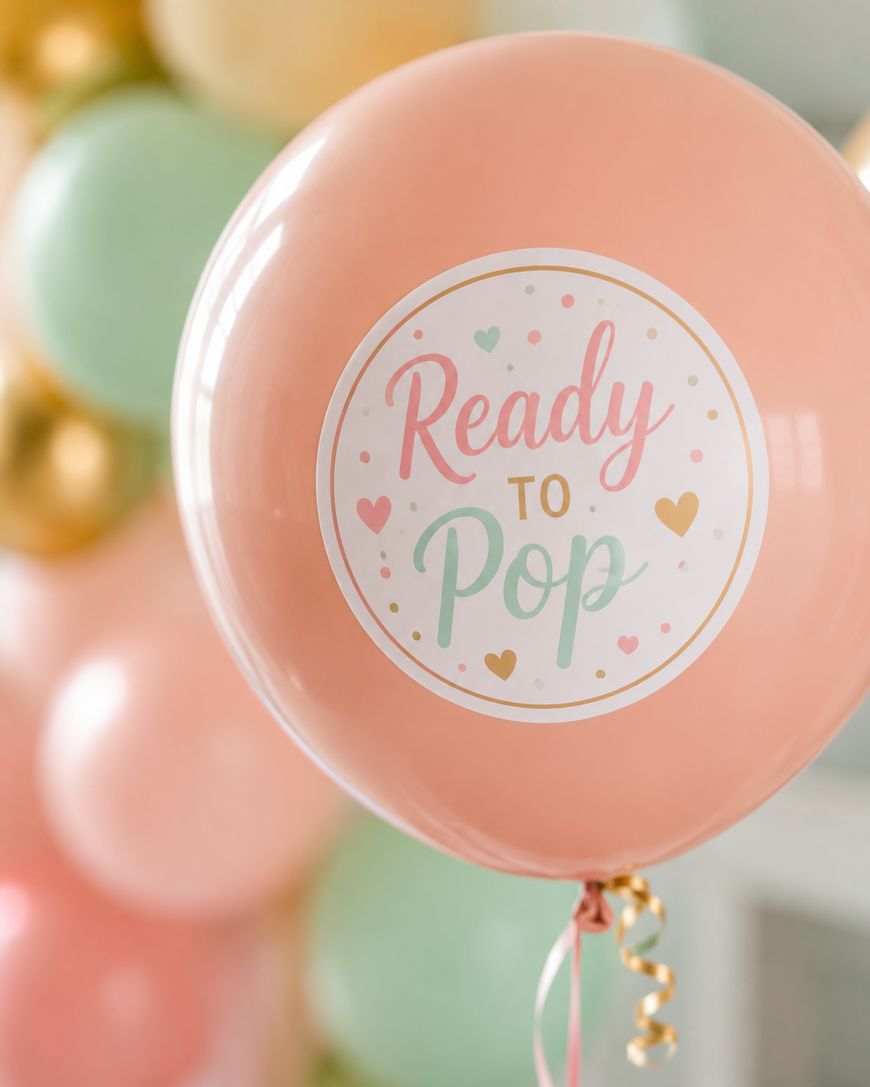 A peach-colored balloon with a label that reads Ready to Pop surrounded by pastel hearts. Other pastel balloons in pink, green, and gold are blurred in the background.
