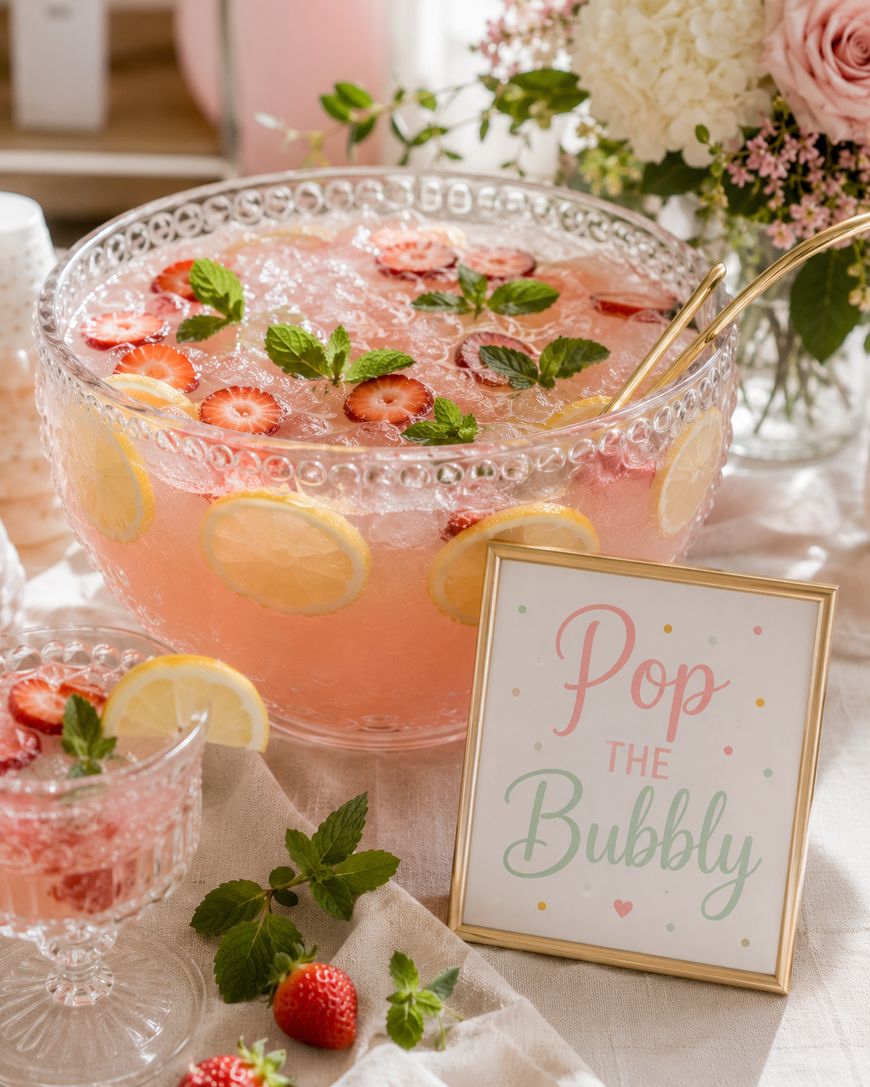A glass punch bowl filled with pink strawberry lemonade garnished with lemon slices, strawberry slices, and mint leaves sits next to a matching glass and a sign that reads Pop the Bubbly. Flowers and strawberries decorate the table.