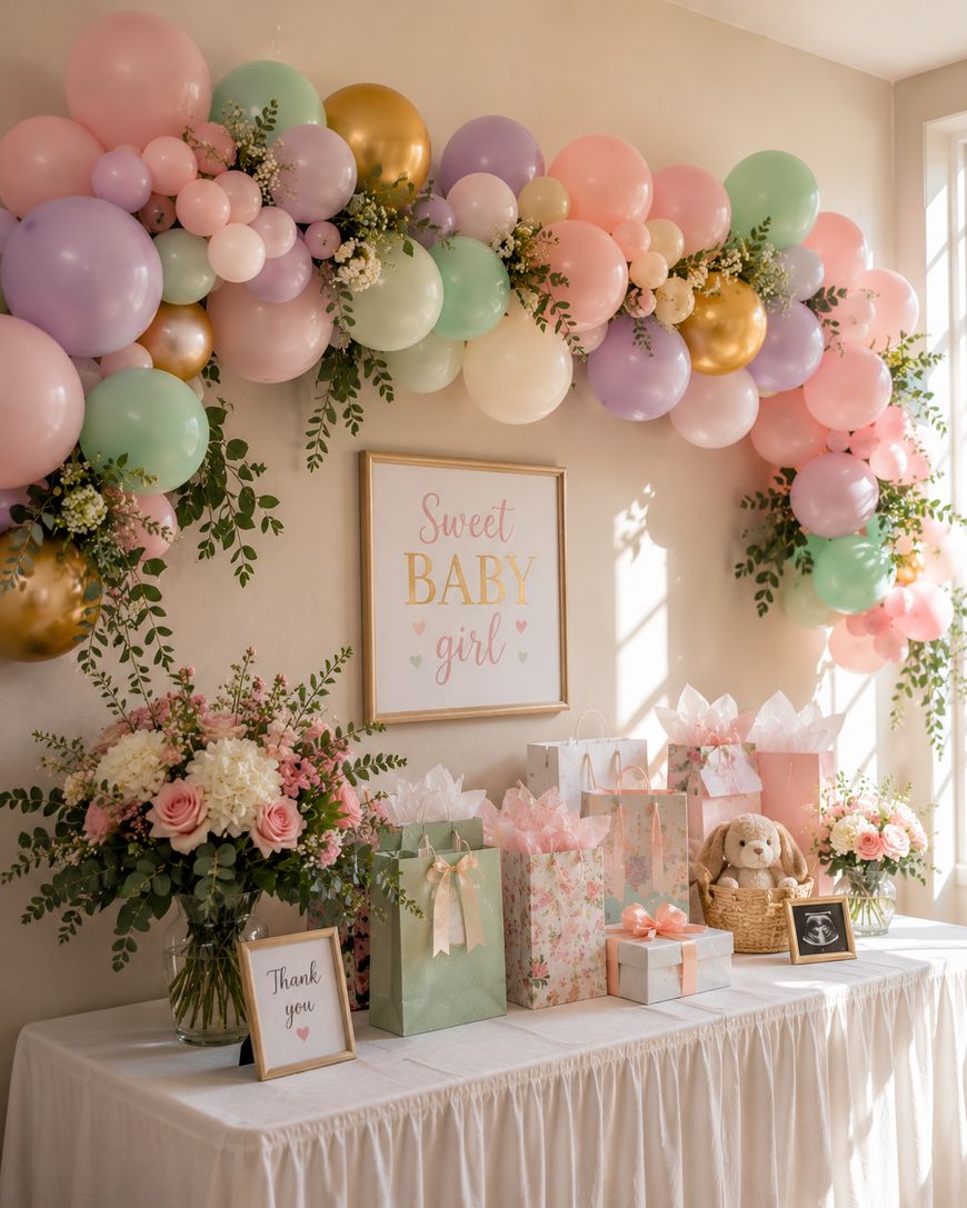 A baby shower setup with pastel and gold balloon garland, floral arrangements, gift bags, a stuffed bunny, and a framed sign reading Sweet Baby Girl on a decorated table against a sunlit wall.