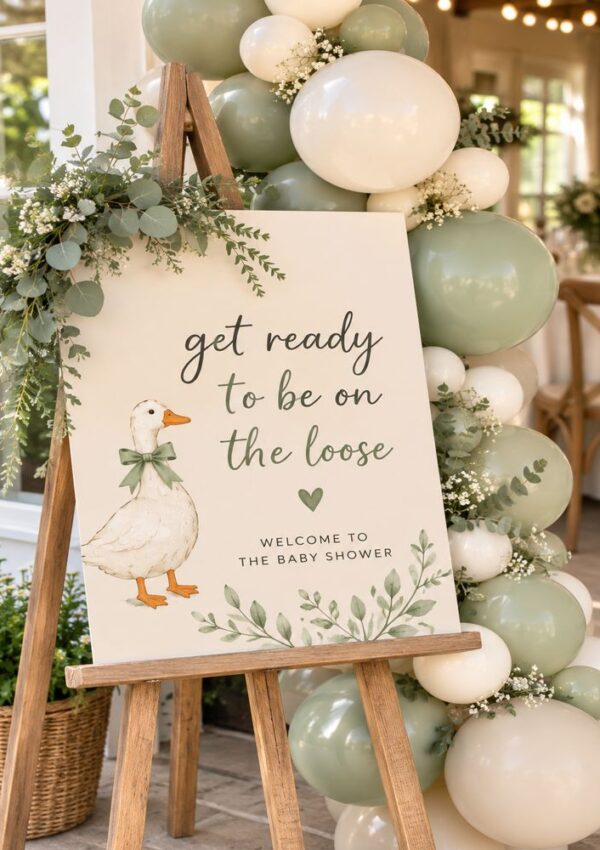 An easel holds a baby shower sign with a duck illustration, greenery, and the text get ready to be on the loose. Balloons and foliage decorate the background.