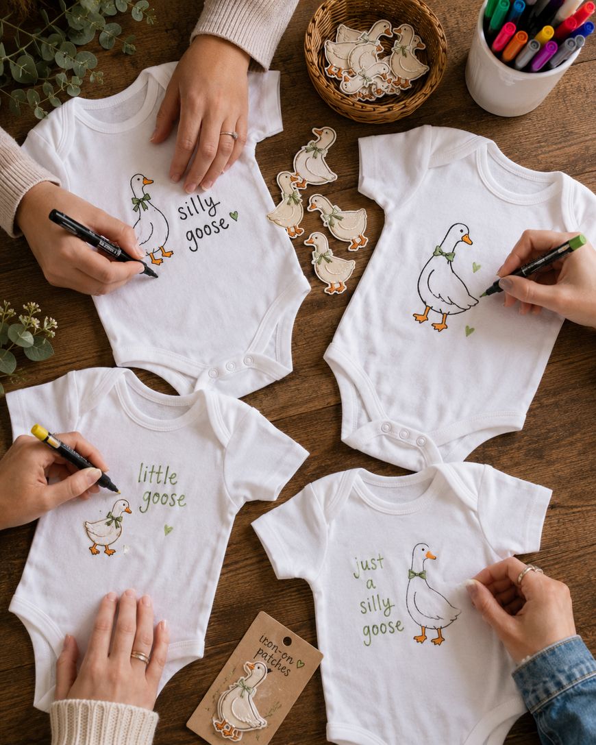 Three hands decorate white baby onesies with marker drawings of geese and phrases like silly goose on a wooden table, surrounded by colored markers, goose stickers, greenery, and a brown gift tag.