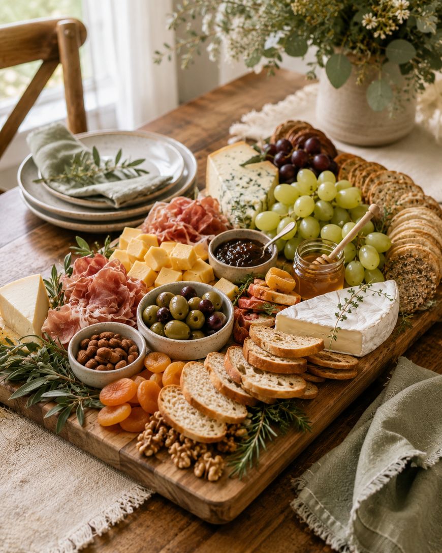 A wooden board with assorted cheeses, crackers, grapes, olives, nuts, jam, dried apricots, prosciutto, and bread slices, set on a rustic table with plates, napkins, and a vase of greenery in the background.