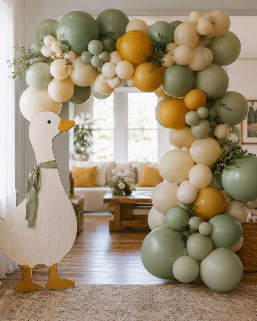 Balloon arch in green, yellow, and ivory tones with greenery accents, next to a wooden duck cutout with a green ribbon, in a bright, cozy living room.