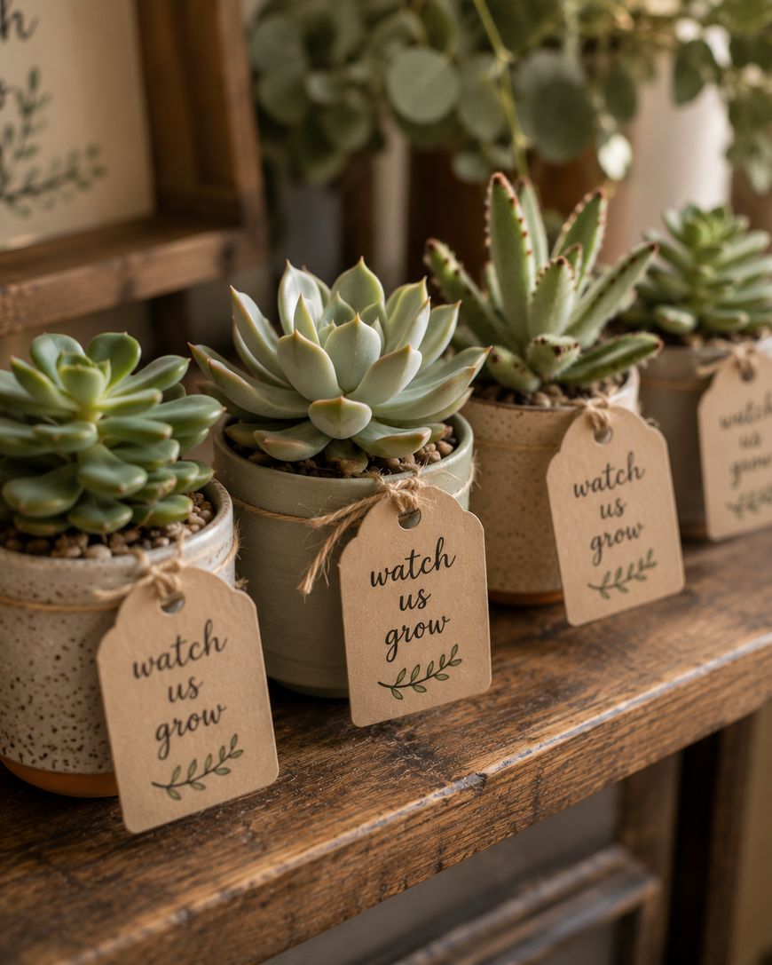 Four small potted succulents sit on a wooden shelf, each with a brown tag that reads watch us grow in script, surrounded by greenery in the background.