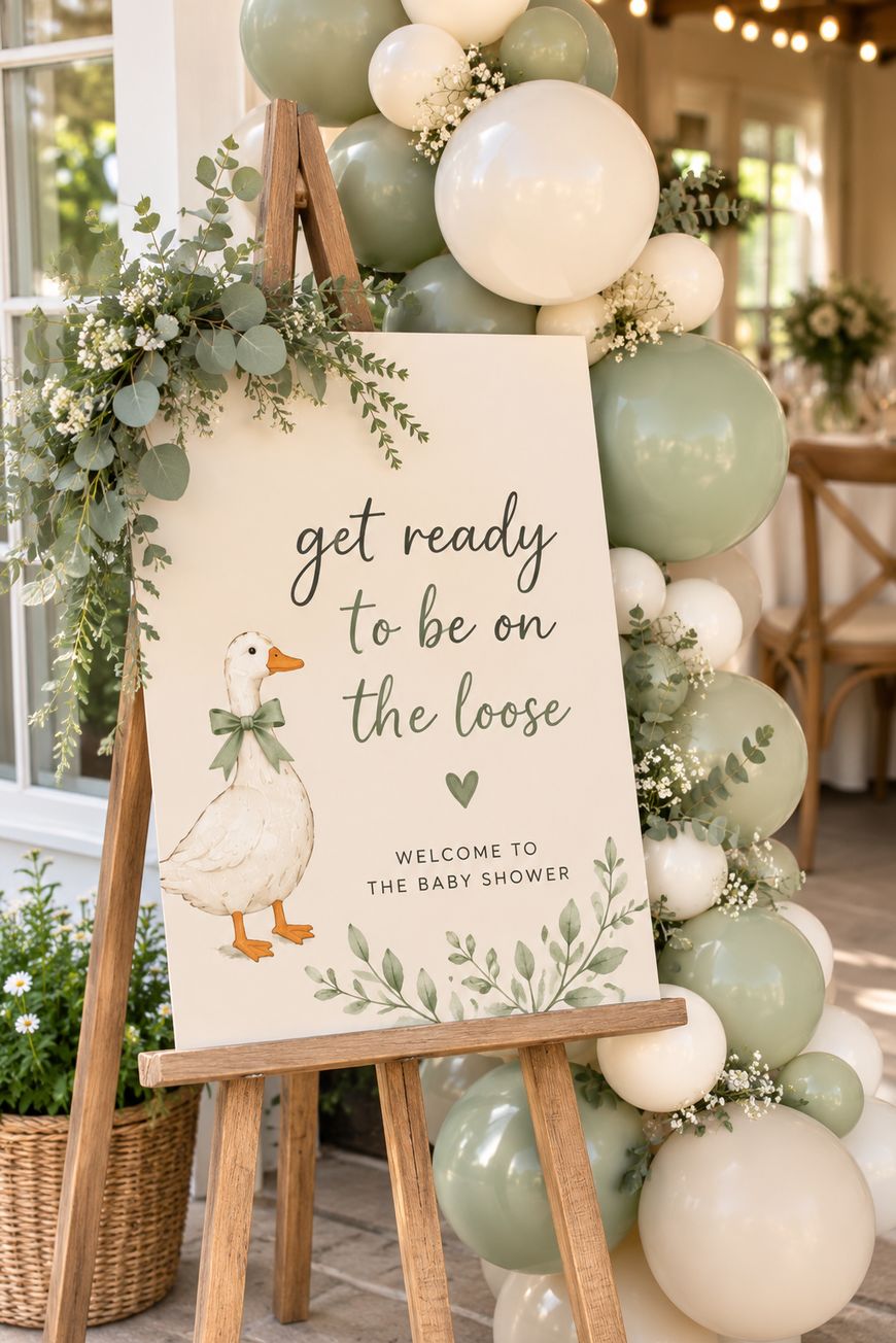 A sign with a duck illustration and text Get ready to be on the loose. Welcome to the baby shower is displayed on an easel, surrounded by white and green balloons and greenery.