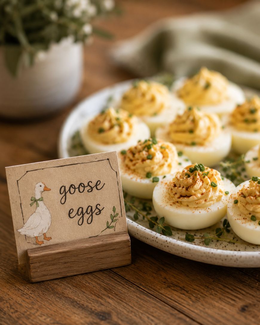 A plate of deviled eggs garnished with herbs sits on a wooden table next to a small sign that reads goose eggs with an illustration of a goose.