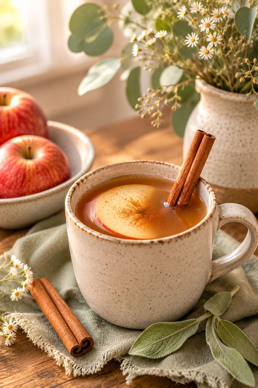 A ceramic mug of apple cider with a cinnamon stick, surrounded by apples, extra cinnamon sticks, a green cloth, and a vase with flowers on a wooden table.