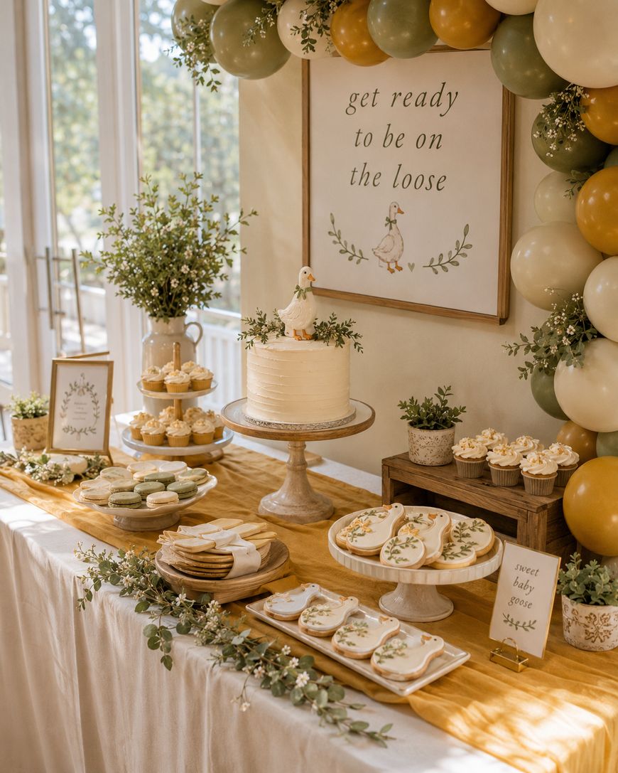 A dessert table with a duck-themed cake, cookies, cupcakes, and greenery. Balloons frame a sign that reads get ready to be on the loose. The table is decorated with a yellow cloth and white flowers.