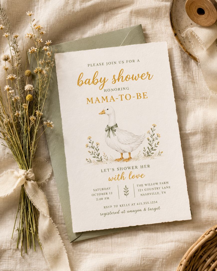 A baby shower invitation featuring an illustrated duck with a bow, surrounded by flowers. Details include the date, time, and location of the event on a rustic background with dried flowers and ribbon.