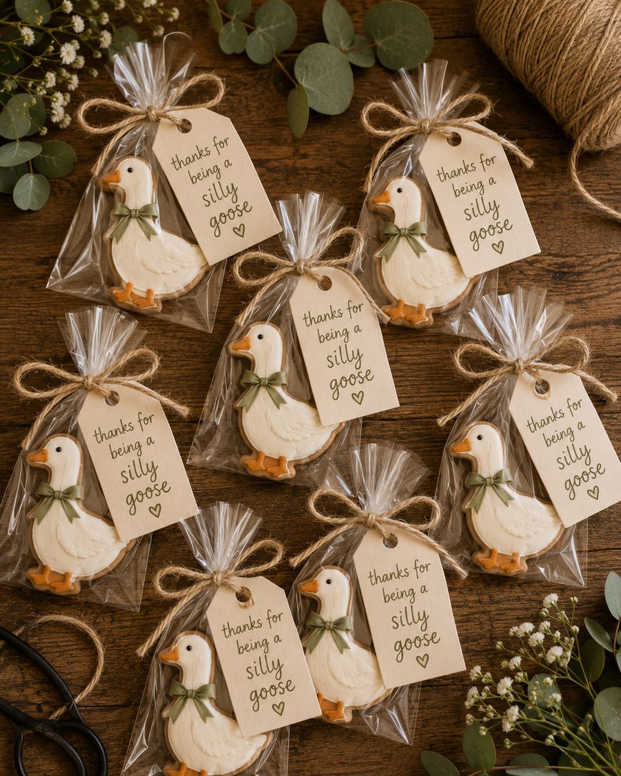 Seven decorated duck cookies in clear bags tied with twine, each with a tag reading thanks for being a silly goose, arranged on a wooden table with greenery, scissors, and a spool of twine.