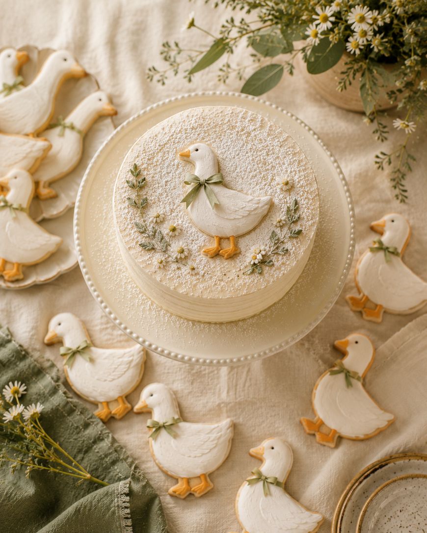 A white cake decorated with a duck, flowers, and powdered sugar sits on a plate, surrounded by duck-shaped cookies and flowers on a green cloth and a white tablecloth.