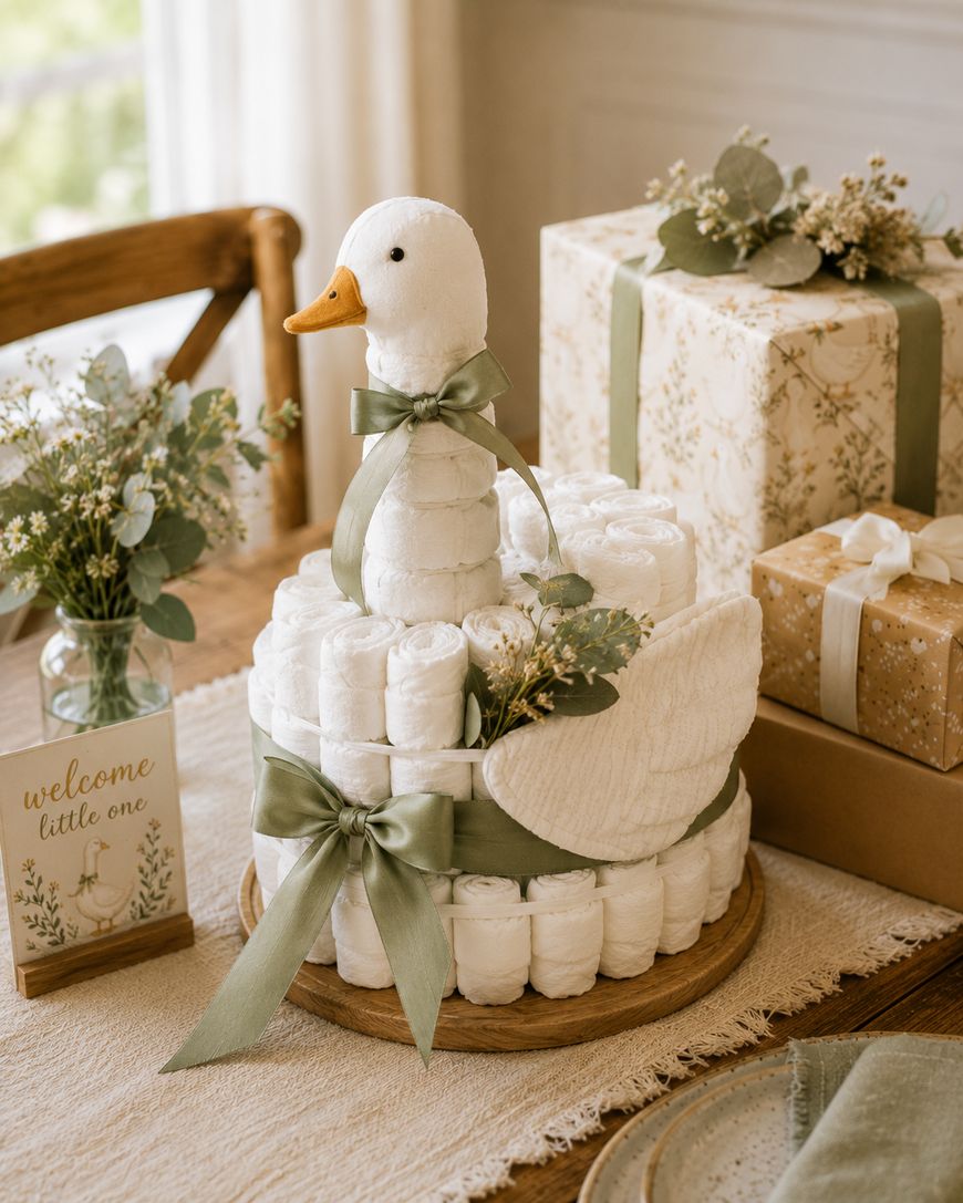 A diaper cake shaped like a white goose with a green ribbon is displayed on a table, surrounded by wrapped gifts, small flower arrangements, and a sign that reads welcome little one.