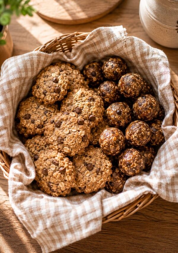 A wicker basket lined with checkered cloth holds chocolate chip oatmeal cookies on the left and round oat chocolate energy bites on the right—perfect breastfeeding snacks thoughtfully arranged on a wooden table in warm sunlight.