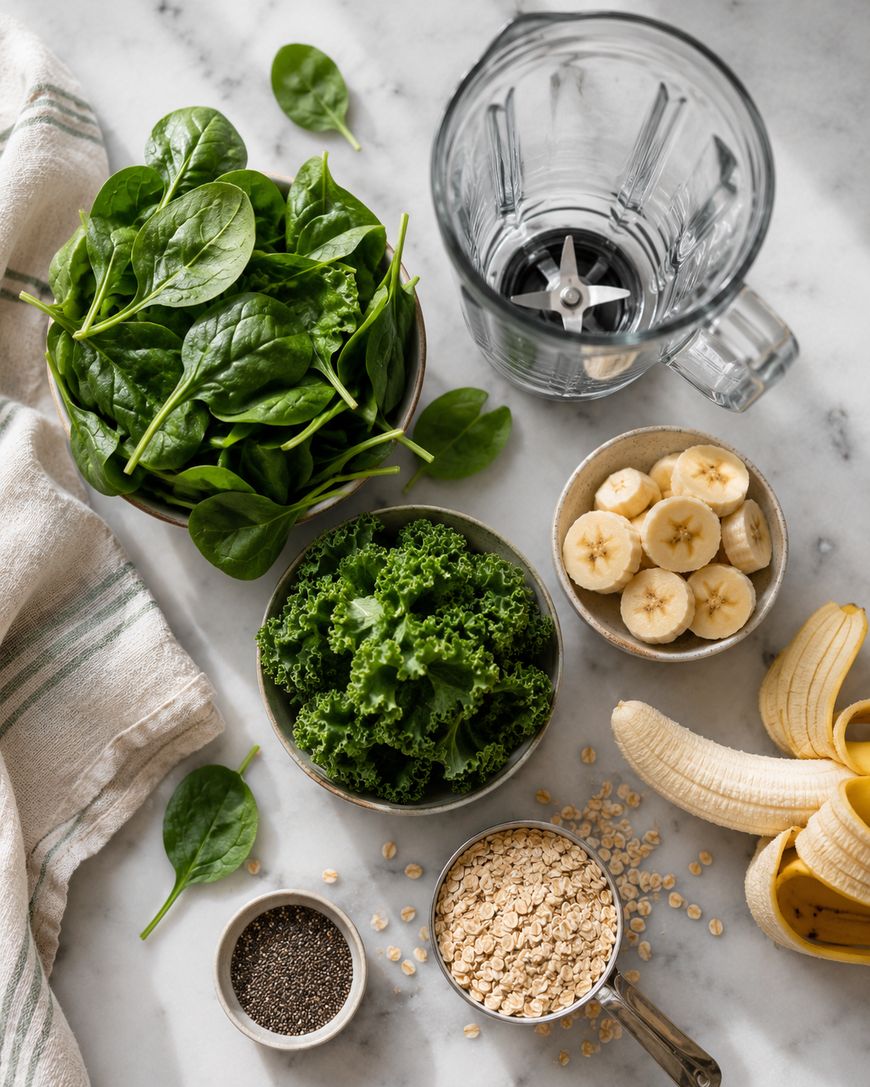 Fresh spinach, kale, banana slices, rolled oats, chia seeds, a peeled banana, and an empty blender are arranged on a marble surface with a striped cloth nearby.