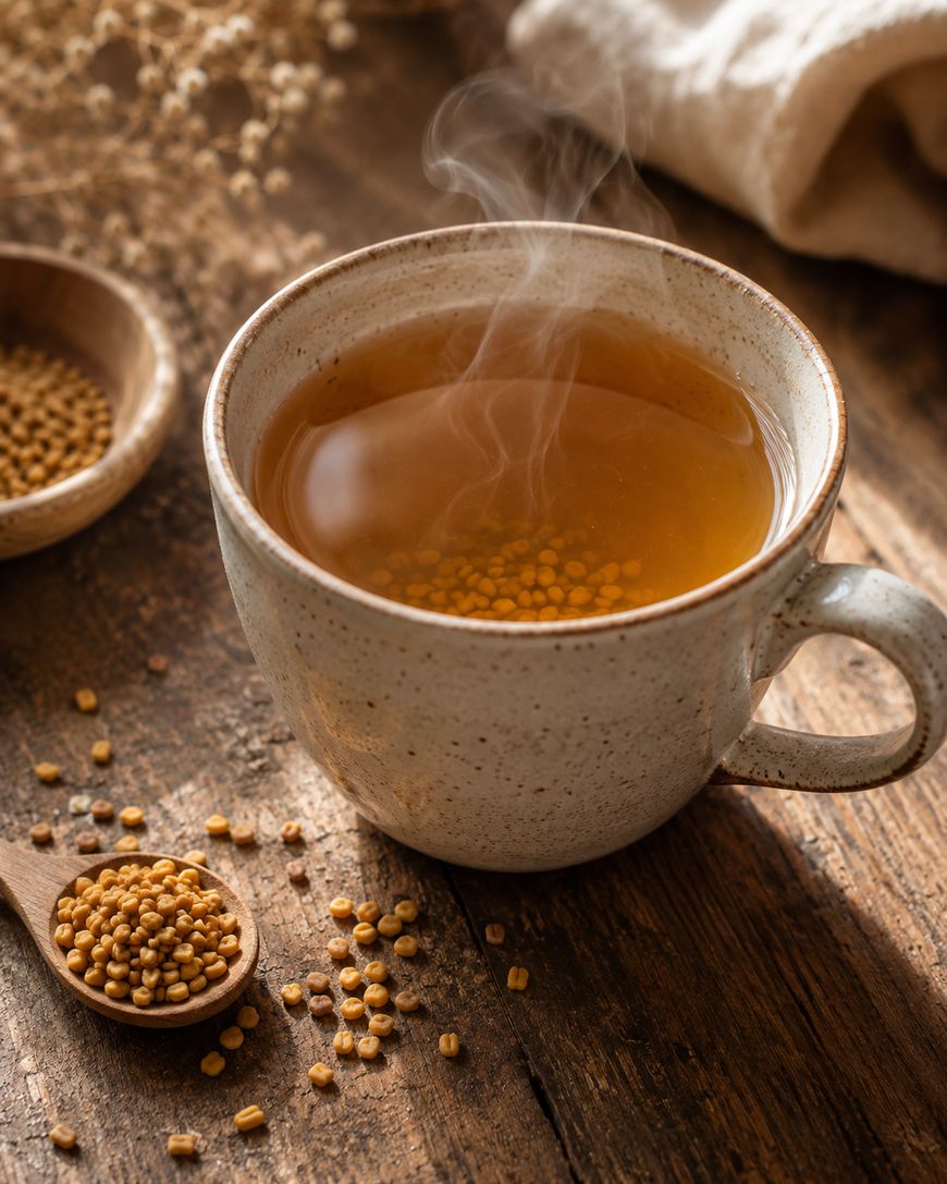 A steaming cup of herbal tea with bee pollen granules floating on top, surrounded by a wooden spoon and bowl filled with more bee pollen on a rustic wooden table.