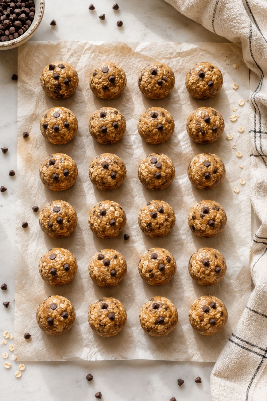 Twenty-four round oat and chocolate chip energy bites are arranged neatly in a grid on parchment paper, with scattered chocolate chips around and a bowl partially visible in the corner. A folded towel is beside the bites.