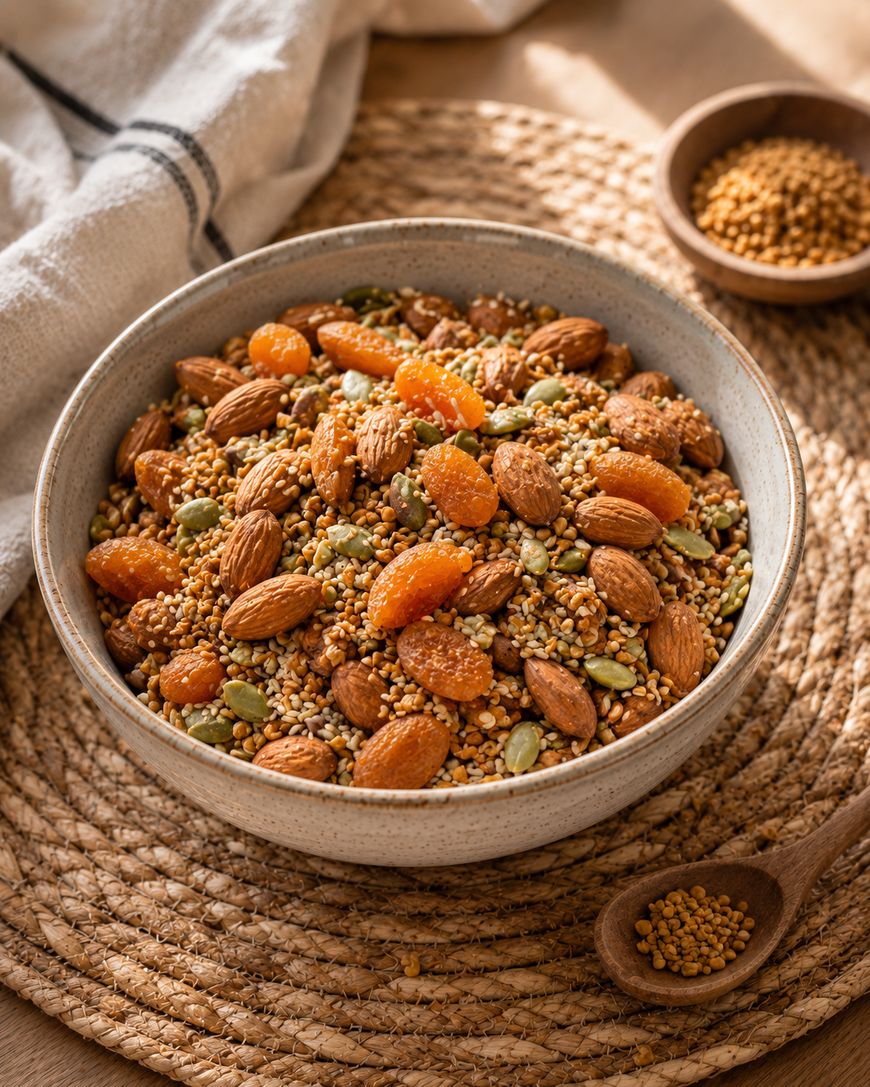A ceramic bowl filled with almonds, dried apricots, pumpkin seeds, and grains sits on a woven placemat, with a small wooden bowl and spoon holding seeds nearby. A cloth napkin is in the background.