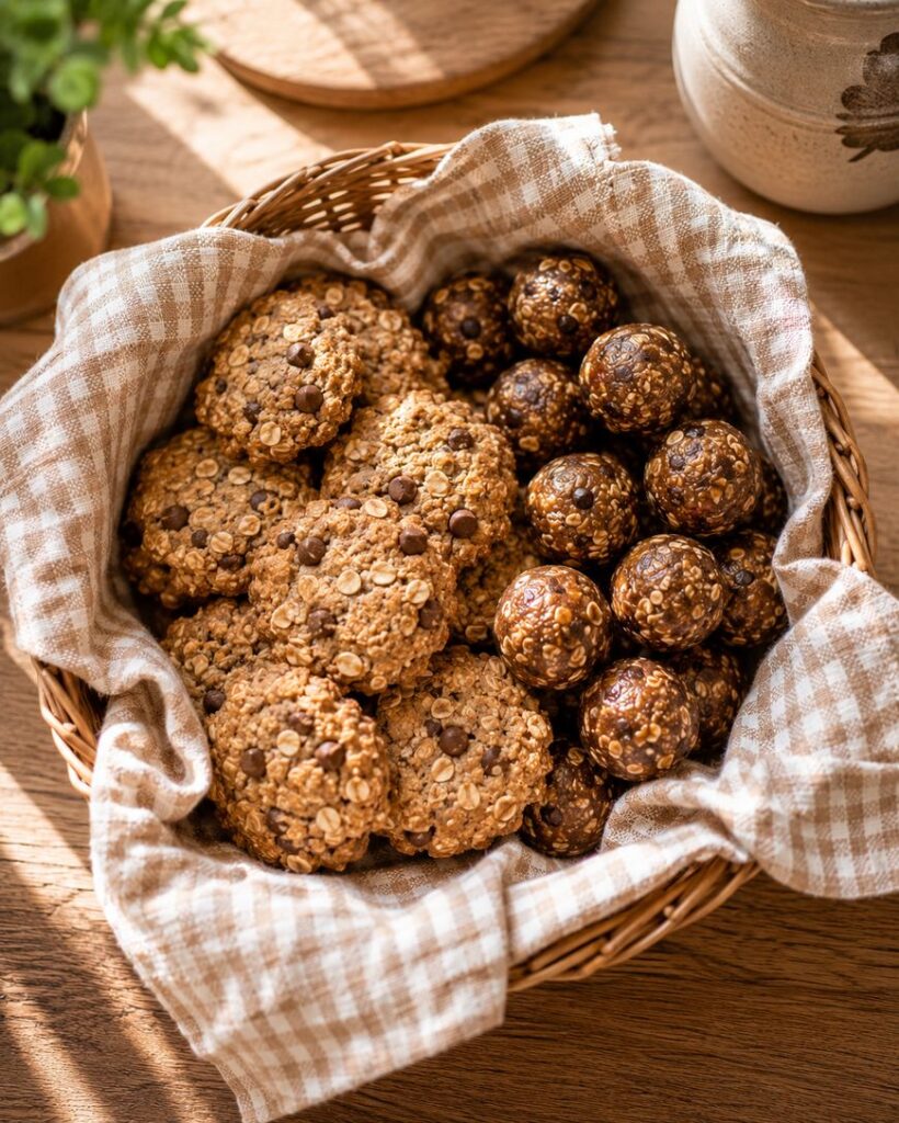 A wicker basket lined with a checked cloth holds oat cookies with chocolate chips and round chocolate oat energy bites, placed on a wooden table in sunlight.