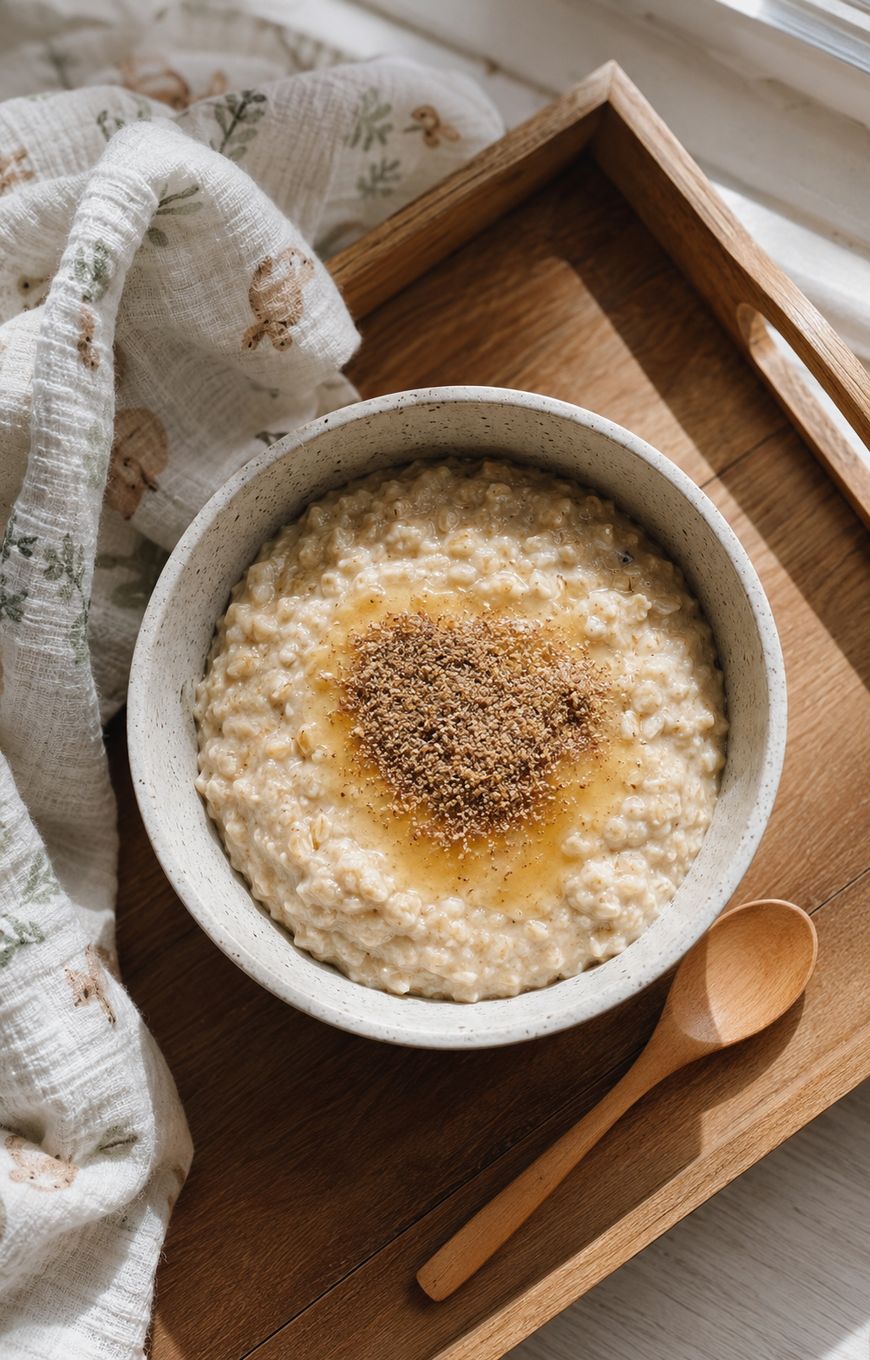 A bowl of oatmeal topped with ground flaxseed and honey sits on a wooden tray beside a wooden spoon and a patterned cloth.