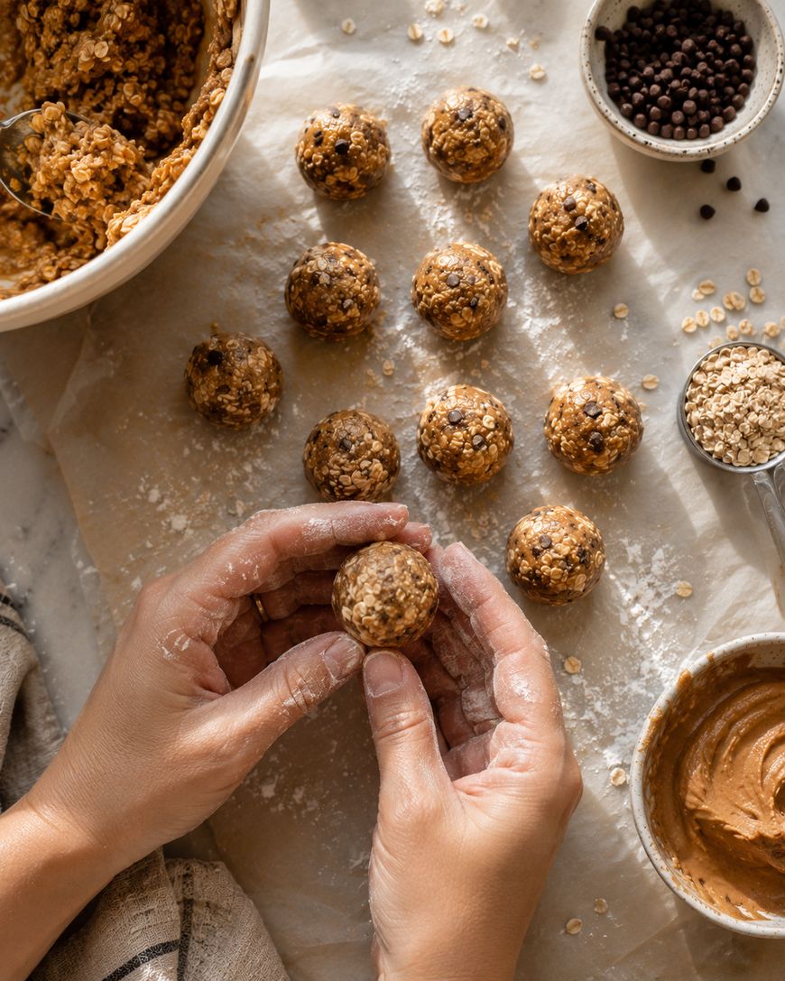 Hands shaping an energy bite ball over parchment paper with several finished balls, oats, chocolate chips, and a bowl of peanut butter on the side. Sunlight shines on the workspace.