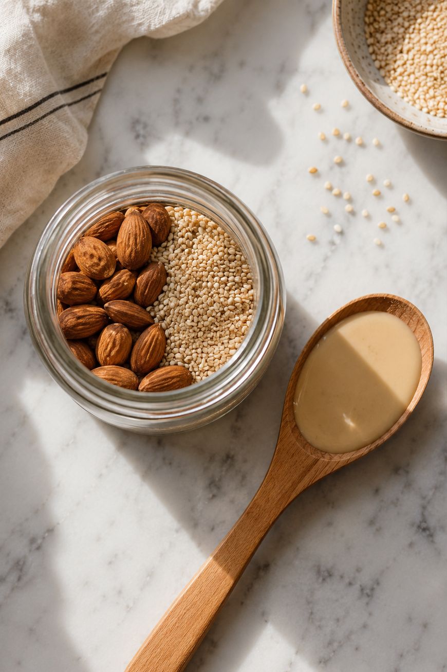 A glass jar filled halfway with whole almonds and sesame seeds sits on a marble surface beside a wooden spoon containing beige tahini. A bowl of sesame seeds and a striped cloth are also partially visible.