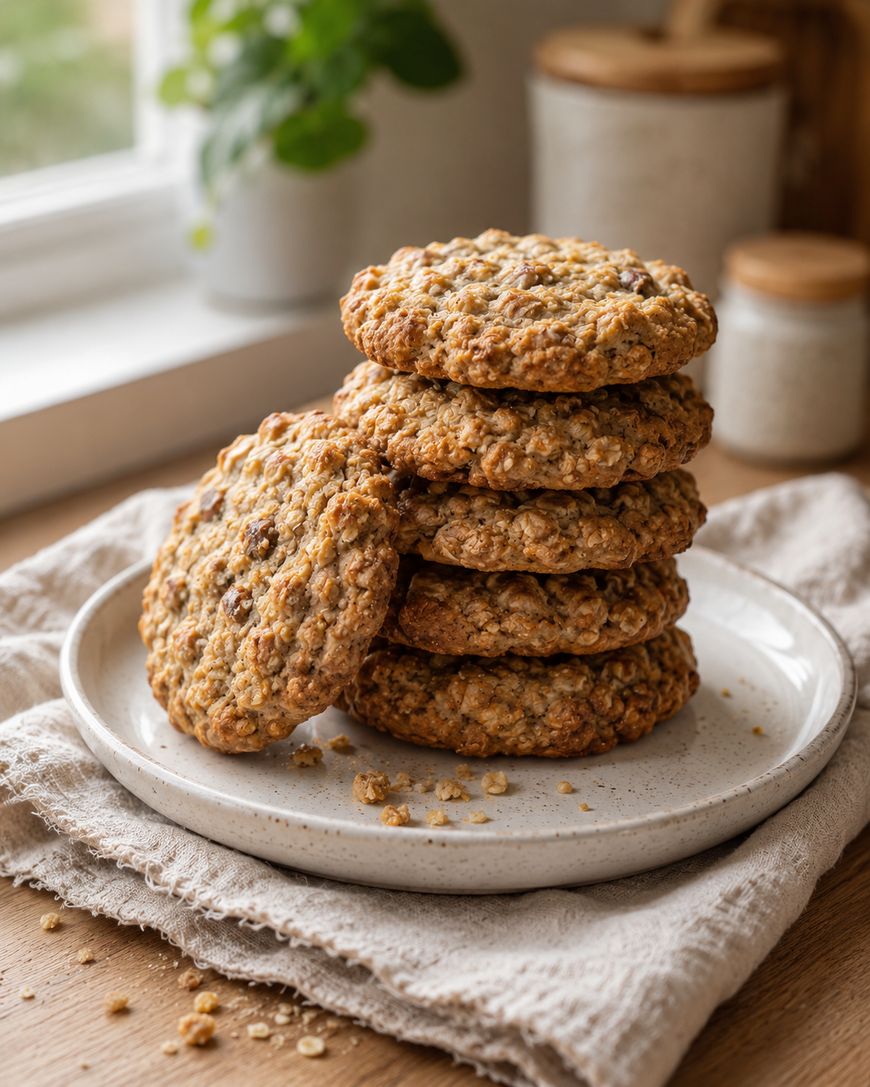 A stack of homemade oatmeal cookies sits on a white plate atop a folded cloth on a wooden table, with soft natural light coming from a nearby window.