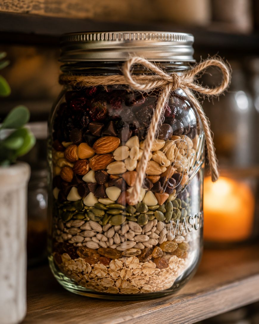 A mason jar filled with neatly layered oats, seeds, nuts, chocolate chips, and dried fruits, tied with twine, sits on a wooden shelf with a blurred candle in the background.