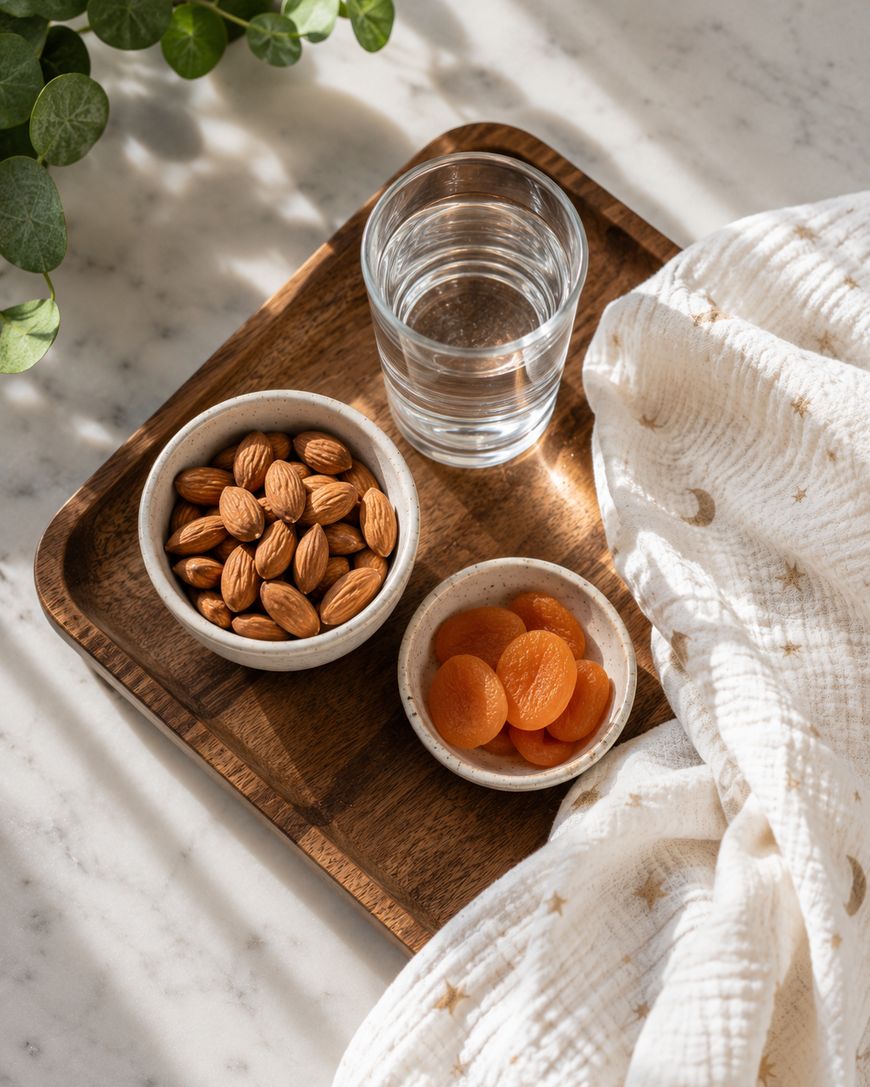 A wooden tray holds a glass of water, a small bowl of almonds, and a small bowl of dried apricots next to a white blanket with star patterns on a marble surface.