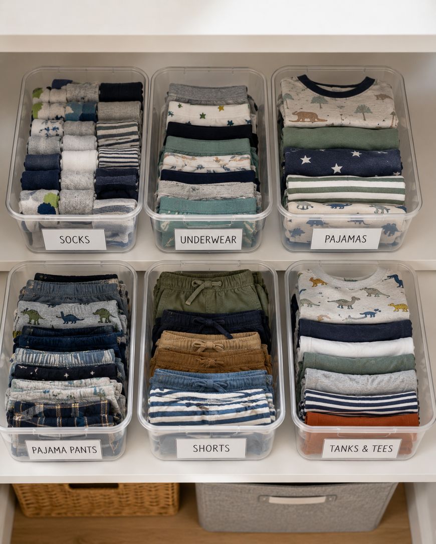 Six clear bins in a drawer, each labeled for socks, underwear, pajamas, pajama pants, shorts, and tanks & tees, all neatly folded and organized by type.