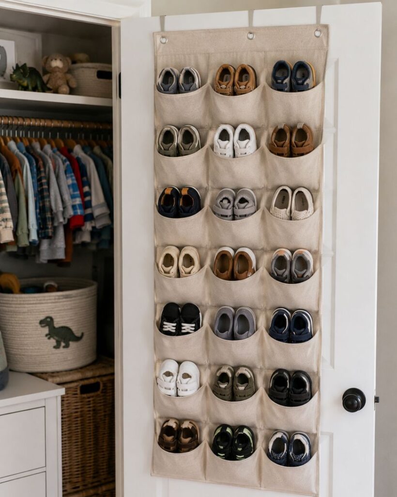 A closet door with a beige hanging organizer holding 18 pairs of children’s shoes, with a closet in the background containing kids’ clothes, a basket with a dinosaur, and shelves.