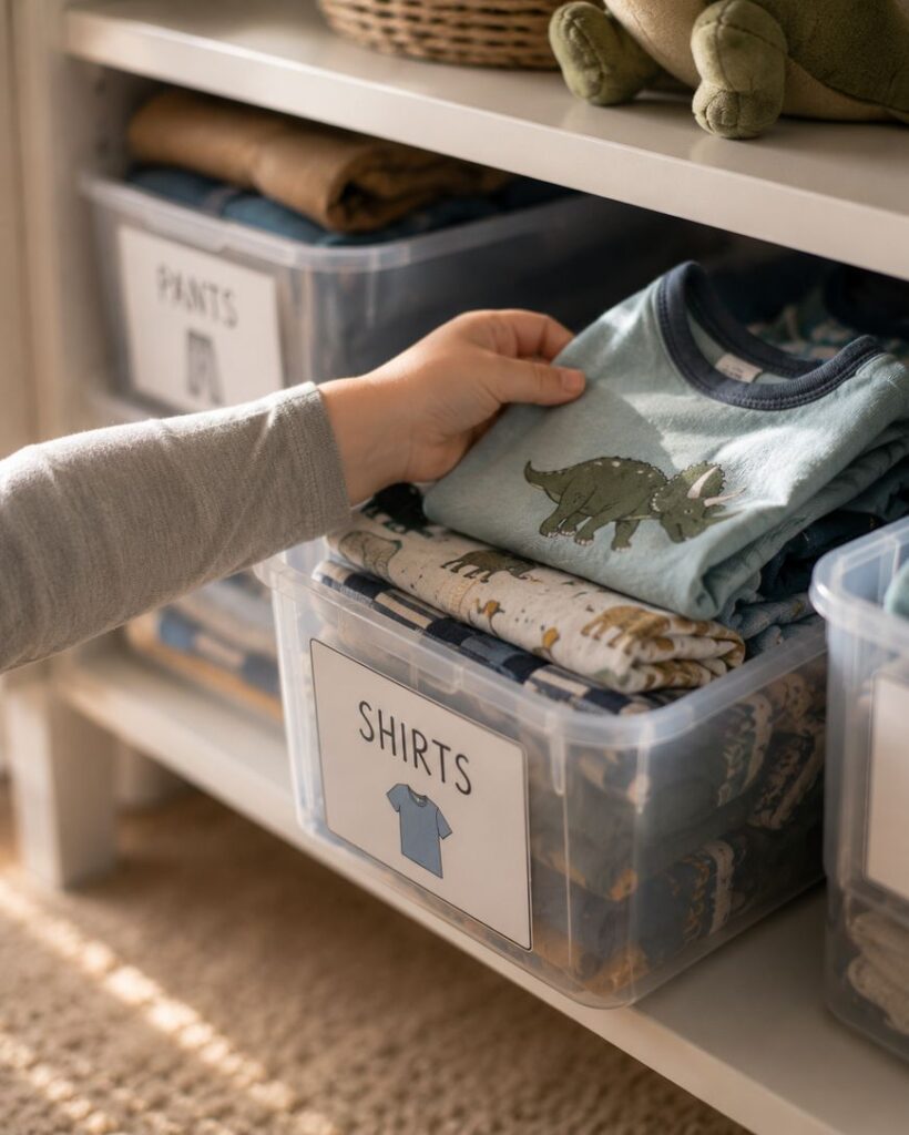 A hand selects a blue children’s shirt with a dinosaur print from a clear labeled bin of shirts, which is neatly organized on a shelf next to another bin labeled PANTS.