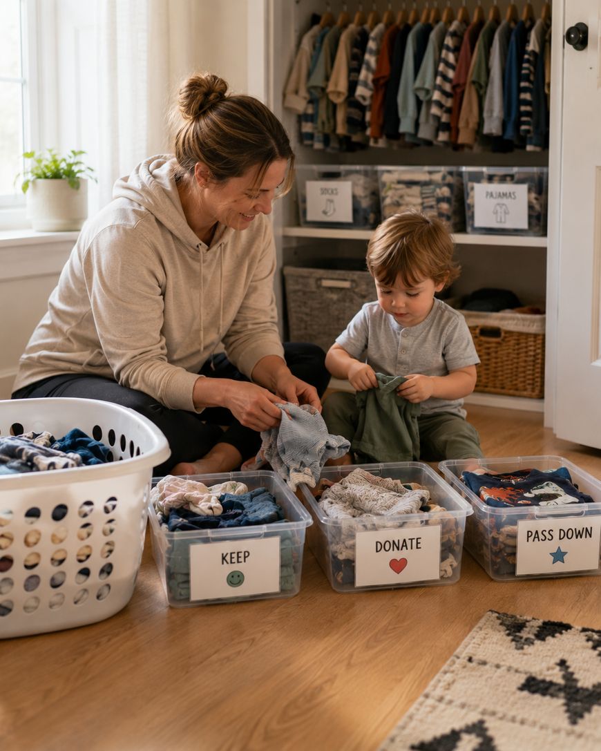 A woman and young boy sort clothes into bins labeled KEEP, DONATE, and PASS DOWN in a bright room with a laundry basket and organized closet in the background.