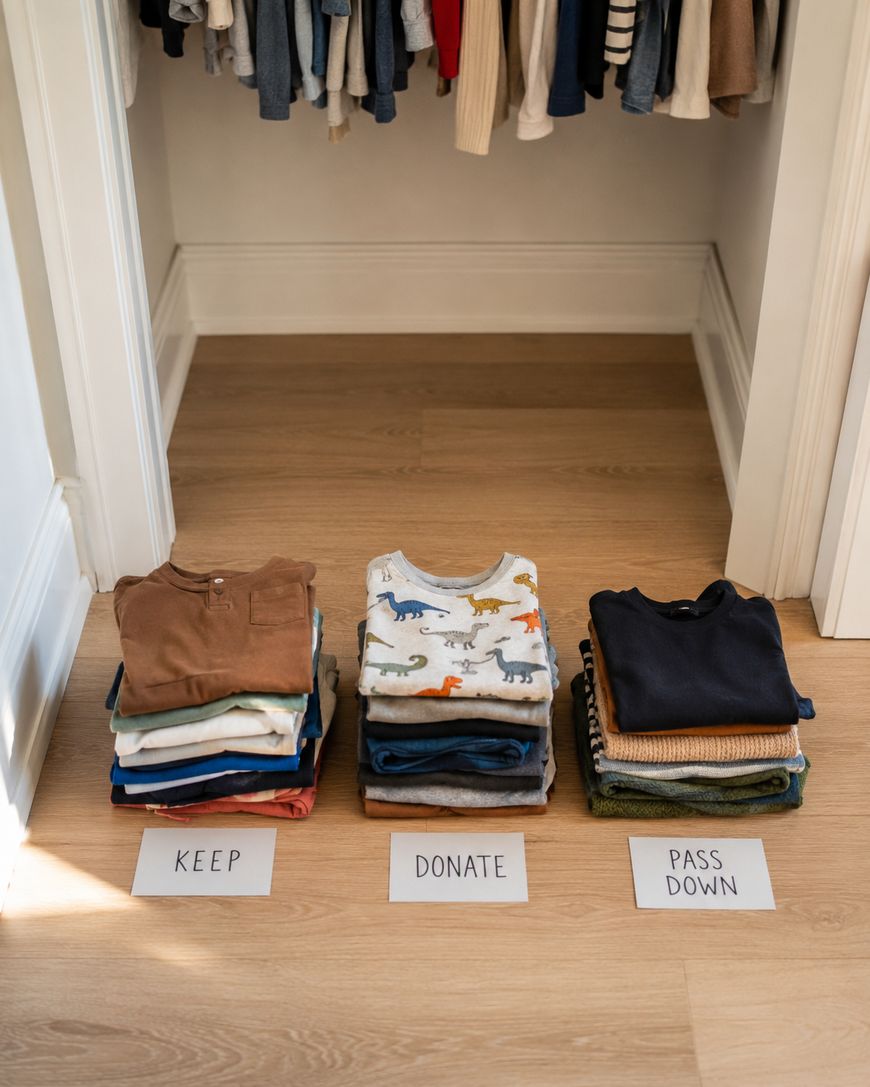 Three piles of folded clothes on a wooden floor, each labeled with signs reading “KEEP,” “DONATE,” and “PASS DOWN.” Hanging clothes are visible in the background.