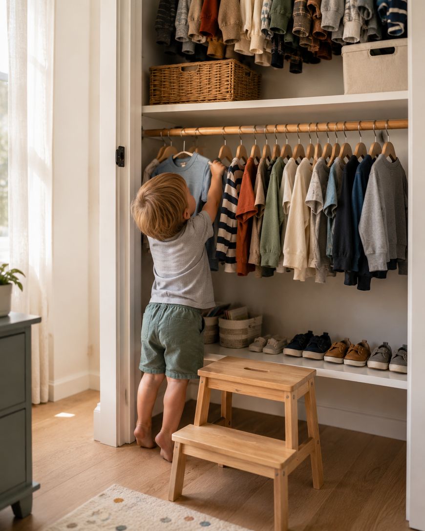 A young child stands on tiptoes by a wooden step stool, reaching for clothes hanging in a neatly organized closet filled with shirts, shoes, and baskets.