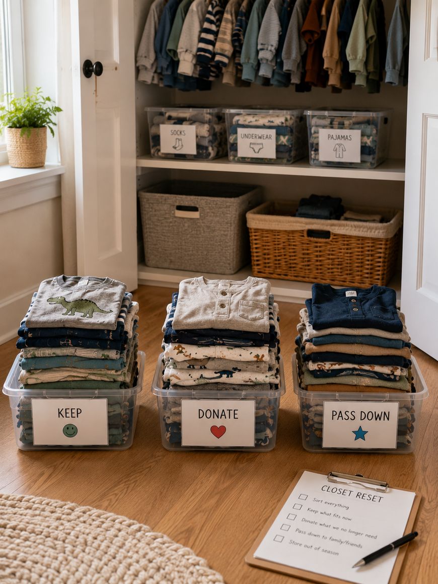 Three bins labeled Keep, Donate, and Pass Down hold neatly folded kids’ clothes in a closet. Shelves above store baskets and shoes. A checklist lies on a rug nearby. The scene looks tidy and organized.