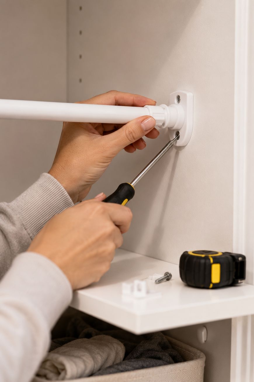 A person uses a screwdriver to install a white closet rod bracket onto a wall. A tape measure and screws are on the nearby shelf.