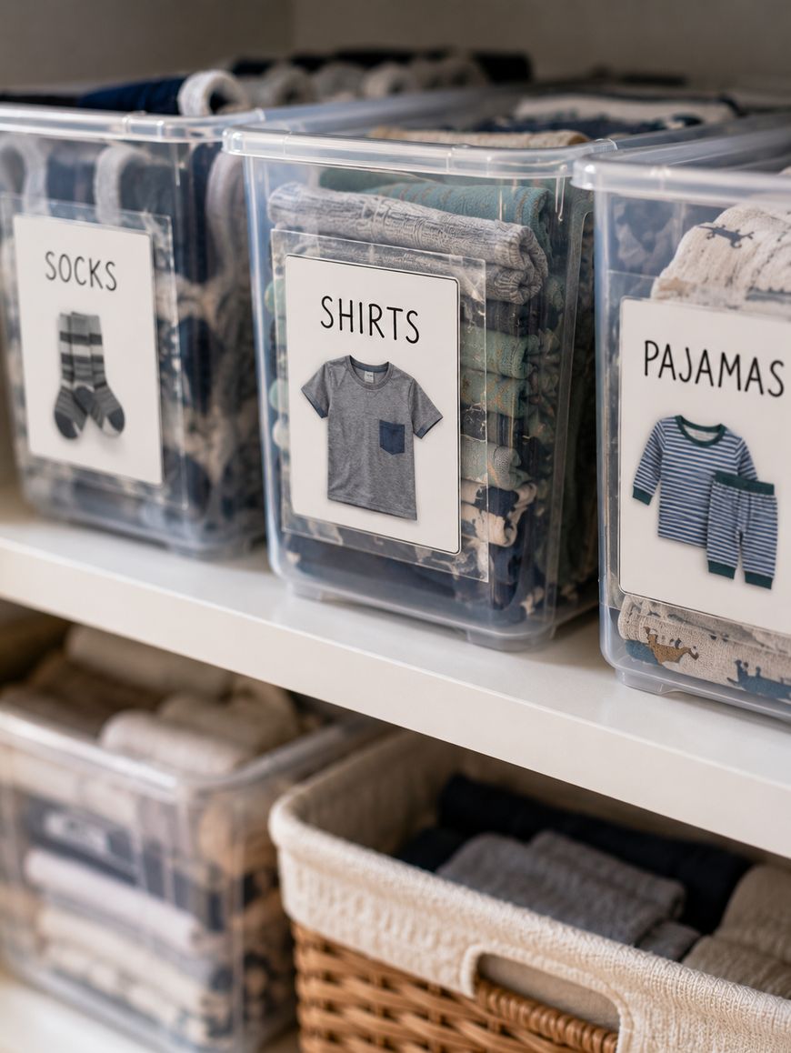 Clear plastic bins labeled Socks, Shirts, and Pajamas hold neatly folded childrens clothing on white shelves, with woven baskets containing more folded items below.