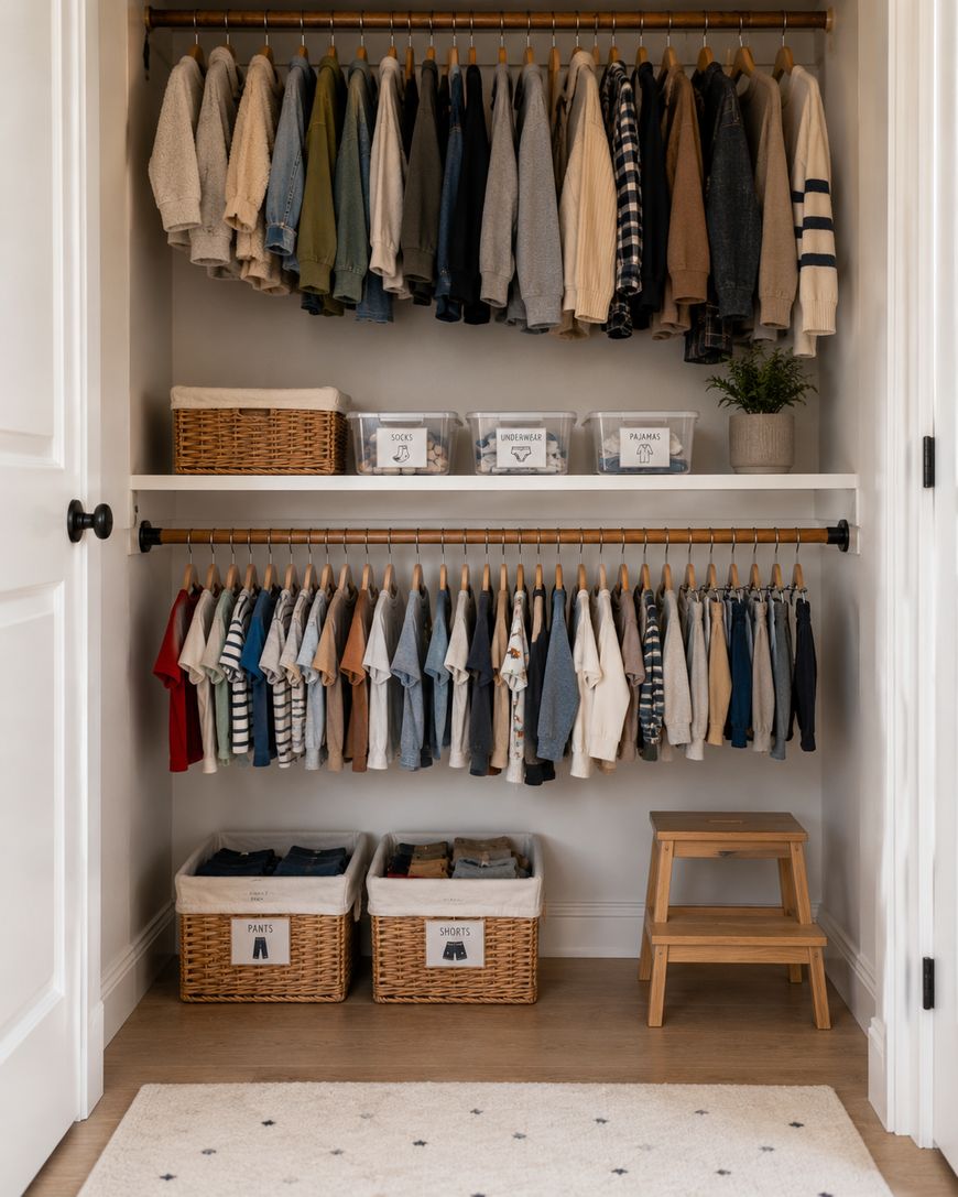 Organized closet with shirts and sweaters hanging on two rods, labeled baskets for socks, pajamas, and underwear on shelves, and a small wooden step stool on the floor.