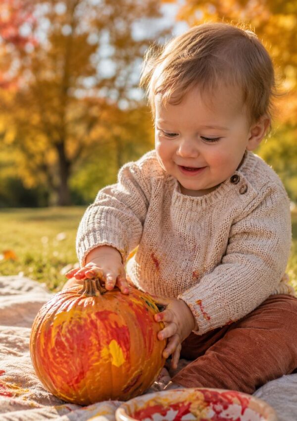 A smiling toddler in a knit sweater sits on a blanket outdoors, touching a pumpkin painted with orange and yellow streaks. Autumn trees with colorful leaves fill the background, creating a warm, festive scene.