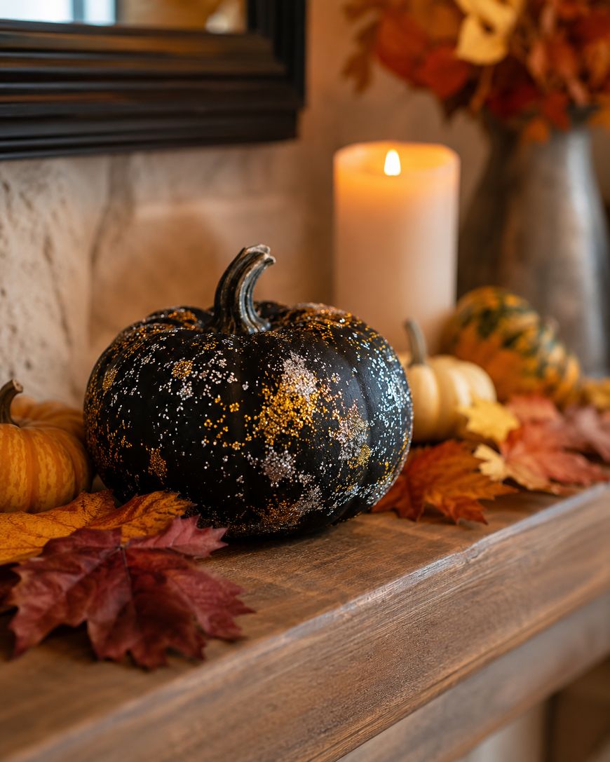 Black pumpkin with gold glitter sits on a wooden shelf decorated with autumn leaves, small pumpkins, and a lit candle in the background.