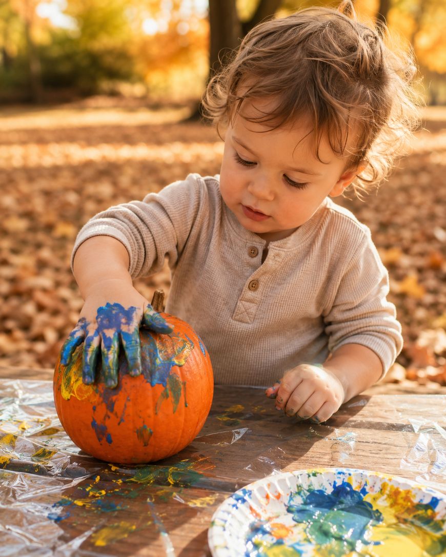 A young child paints a pumpkin with blue, yellow, and green paint, using their hand. The child is sitting at a wooden table outdoors, surrounded by autumn leaves. A paper plate with paint is nearby.
